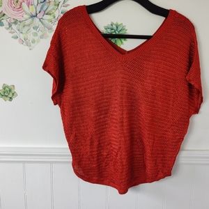 WHBM Double V Dolman Short Sleeve Textured Woven Pumpkin Autumn Top Shirt Burnt